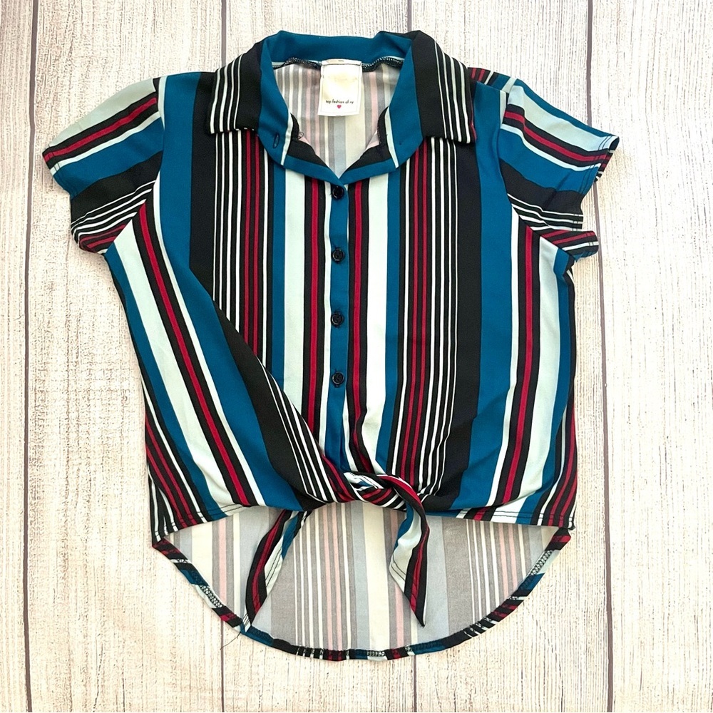 TOP FASHION OF NY Striped Button-Up Blouse Top with Tie Front Size Small